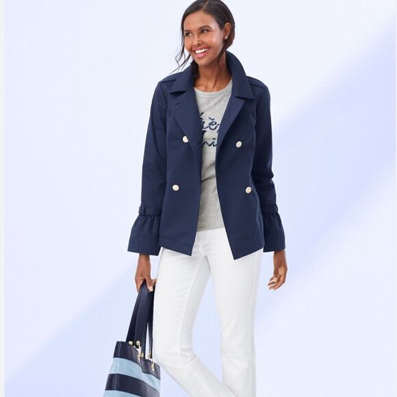 Talbots Navy Double Breasted Peacoat With Gathered Sleeves Size Medium - Picture 1 of 13